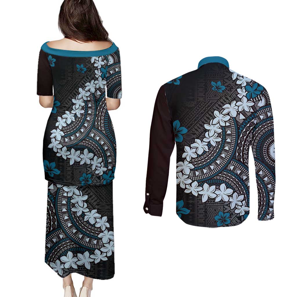 Bula Fiji Women's Day Couples Matching Puletasi and Long Sleeve Button Shirt Indigo Masi Tapa