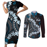 Bula Fiji Women's Day Couples Matching Short Sleeve Bodycon Dress and Long Sleeve Button Shirt Indigo Masi Tapa