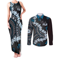 Bula Fiji Women's Day Couples Matching Tank Maxi Dress and Long Sleeve Button Shirt Indigo Masi Tapa