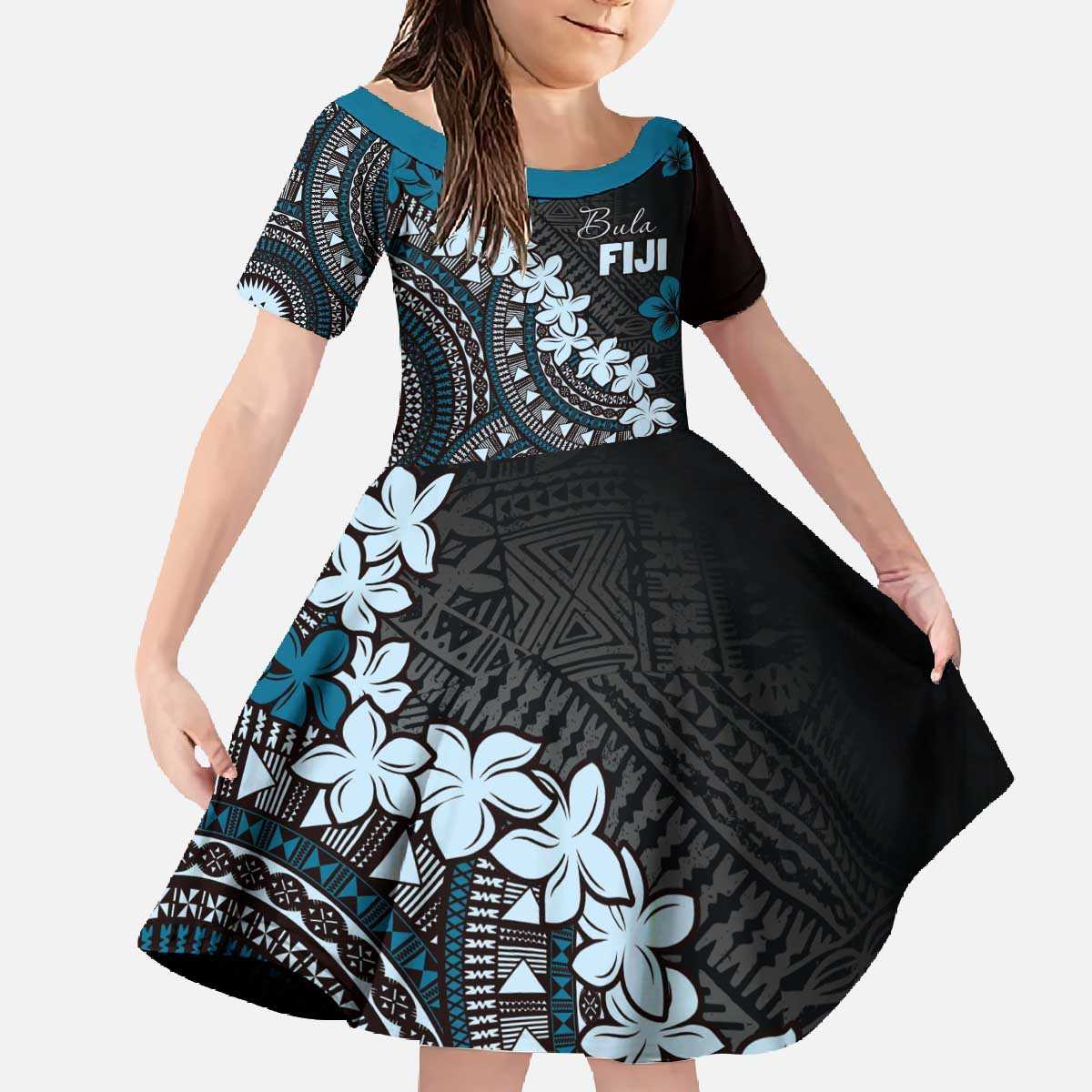 Bula Fiji Women's Day Family Matching Off The Shoulder Long Sleeve Dress and Hawaiian Shirt Indigo Masi Tapa