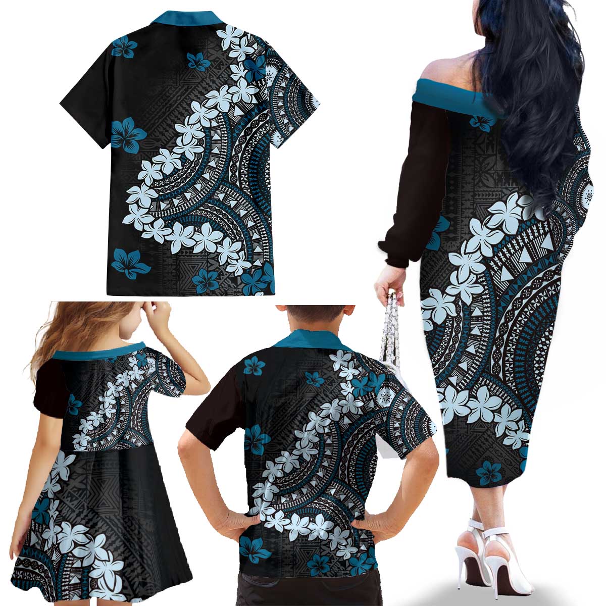 Bula Fiji Women's Day Family Matching Off The Shoulder Long Sleeve Dress and Hawaiian Shirt Indigo Masi Tapa