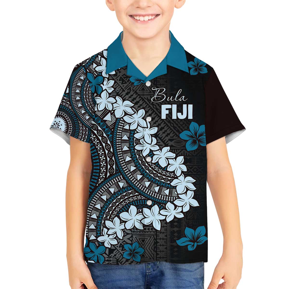 Bula Fiji Women's Day Family Matching Off The Shoulder Long Sleeve Dress and Hawaiian Shirt Indigo Masi Tapa