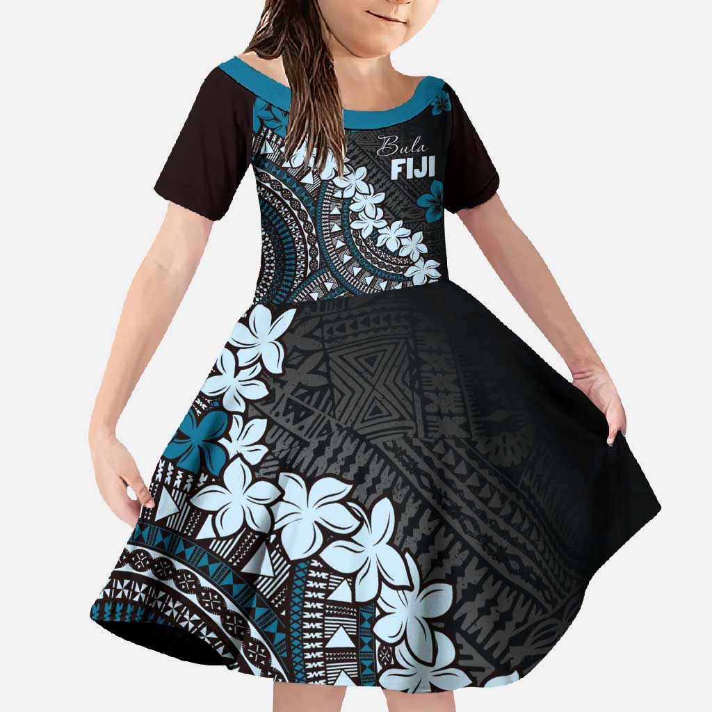 Bula Fiji Women's Day Family Matching Off Shoulder Maxi Dress and Hawaiian Shirt Indigo Masi Tapa LT7 Daughter's Dress Indigo - Polynesian Pride