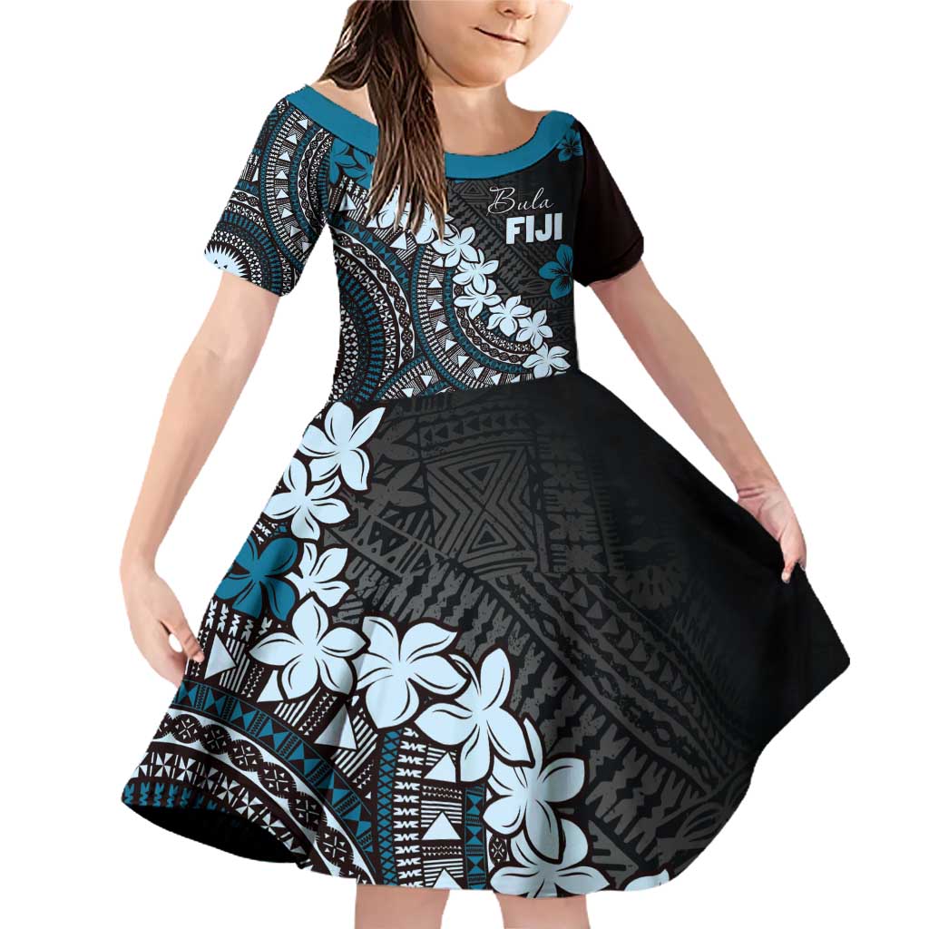 Bula Fiji Women's Day Family Matching Off Shoulder Short Dress and Hawaiian Shirt Indigo Masi Tapa LT7 Daughter's Dress Indigo - Polynesian Pride