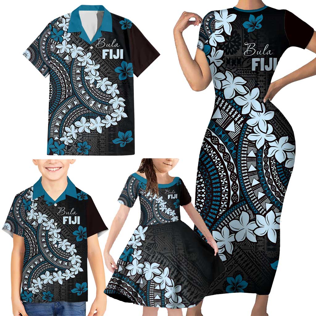 Bula Fiji Women's Day Family Matching Short Sleeve Bodycon Dress and Hawaiian Shirt Indigo Masi Tapa LT7 - Polynesian Pride