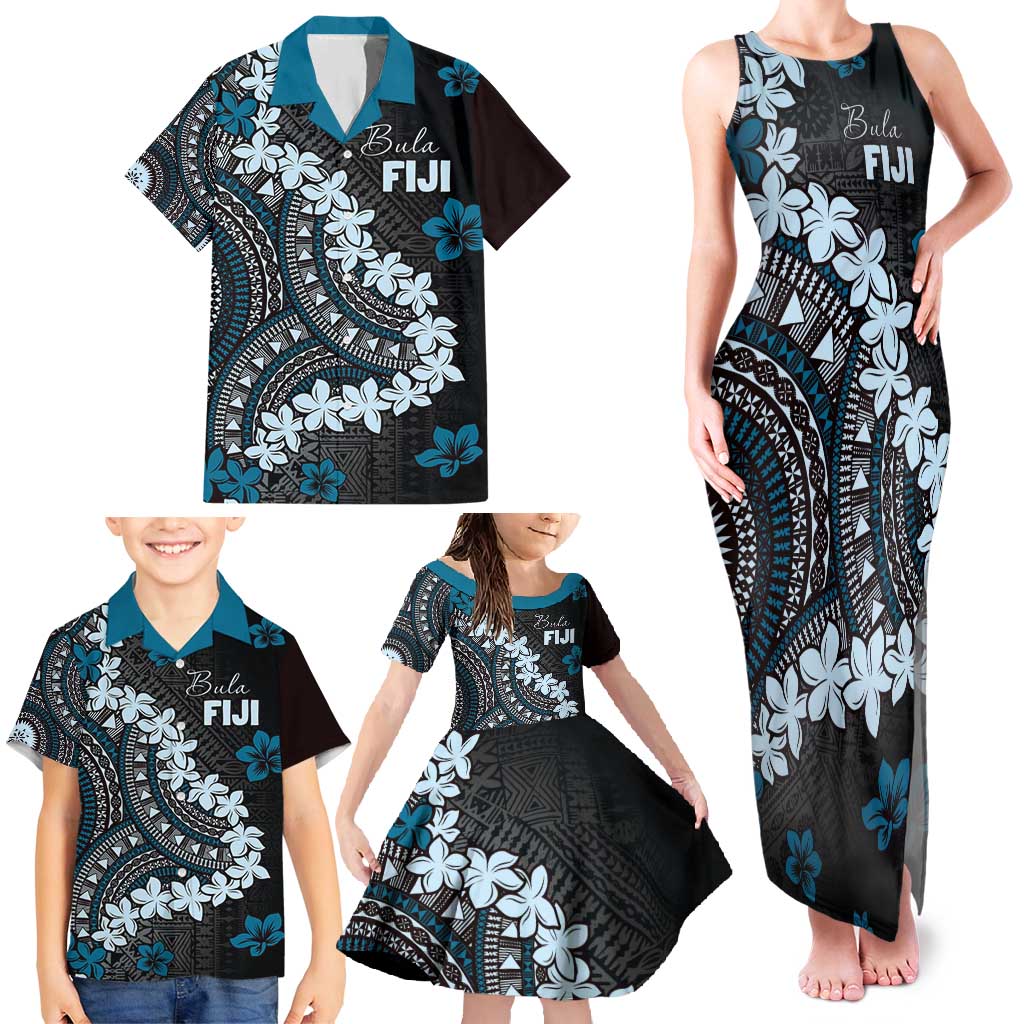Bula Fiji Women's Day Family Matching Tank Maxi Dress and Hawaiian Shirt Indigo Masi Tapa LT7 - Polynesian Pride