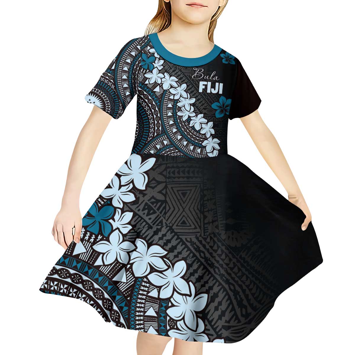 Bula Fiji Women's Day Kid Short Sleeve Dress Indigo Masi Tapa
