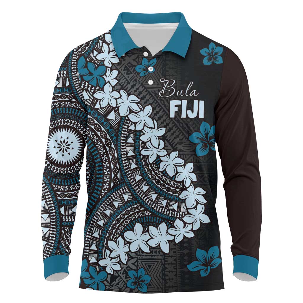 Bula Fiji Women's Day Long Sleeve Polo Shirt Indigo Masi Tapa
