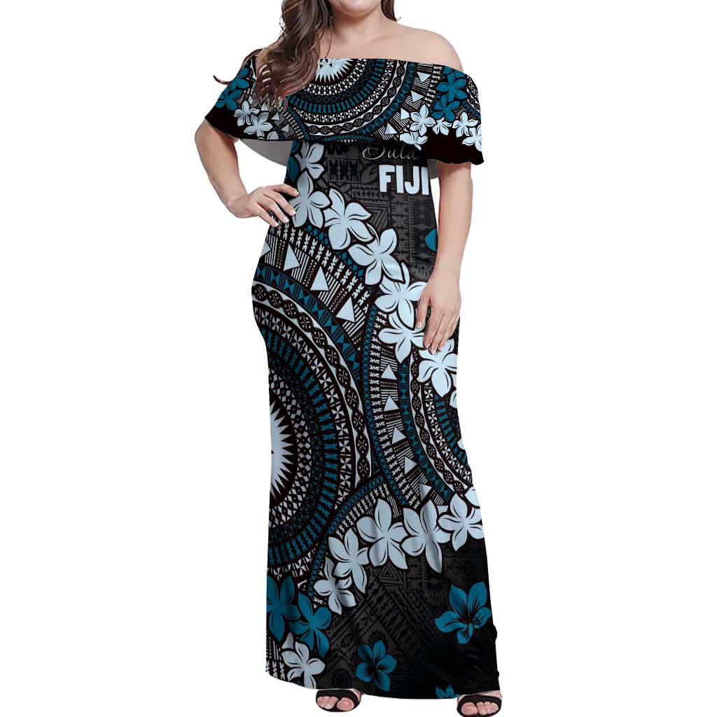 Bula Fiji Women's Day Off Shoulder Maxi Dress Indigo Masi Tapa