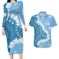 Bula Fiji Women's Day Couples Matching Long Sleeve Bodycon Dress and Hawaiian Shirt Turquoise Masi Tapa
