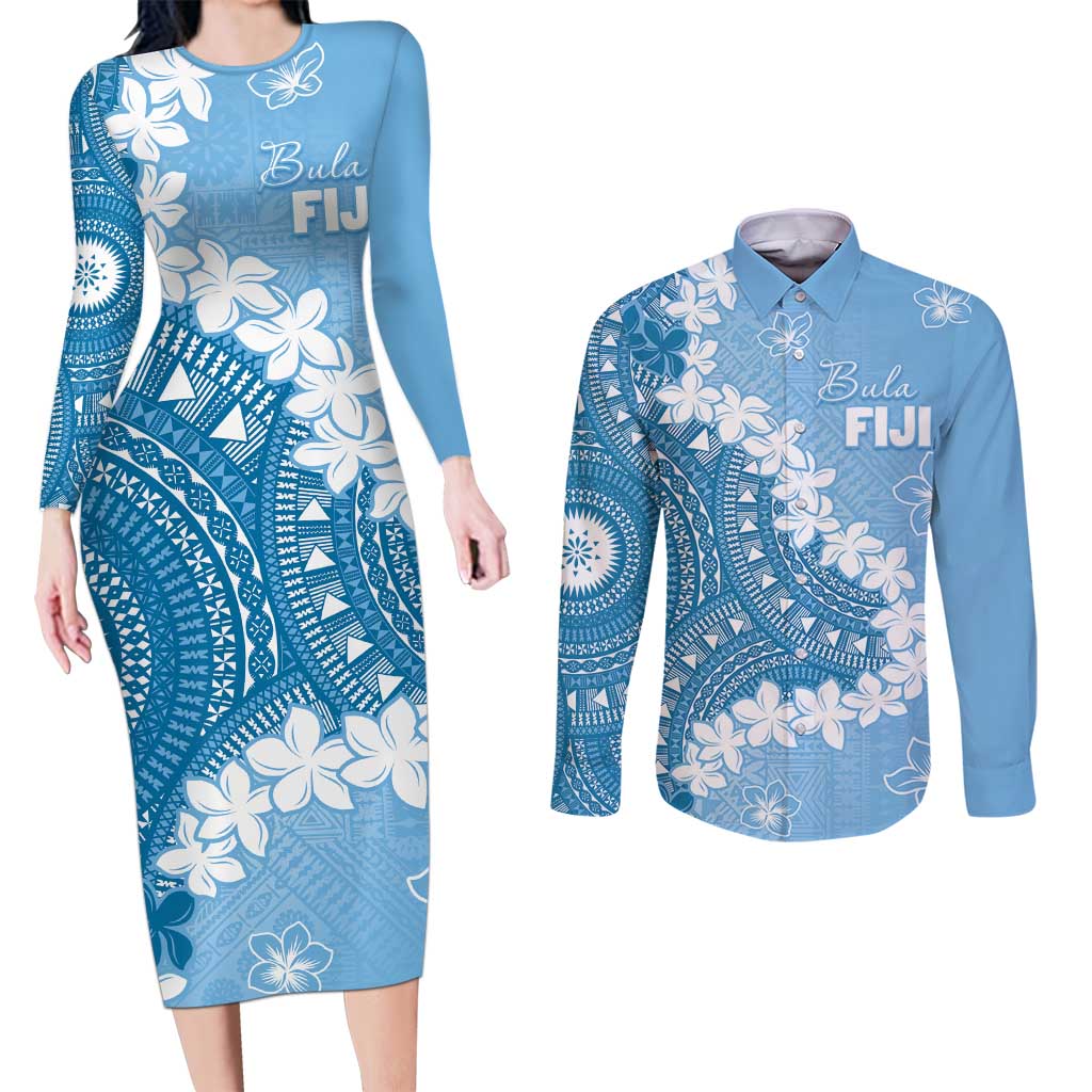 Bula Fiji Women's Day Couples Matching Long Sleeve Bodycon Dress and Long Sleeve Button Shirt Turquoise Masi Tapa