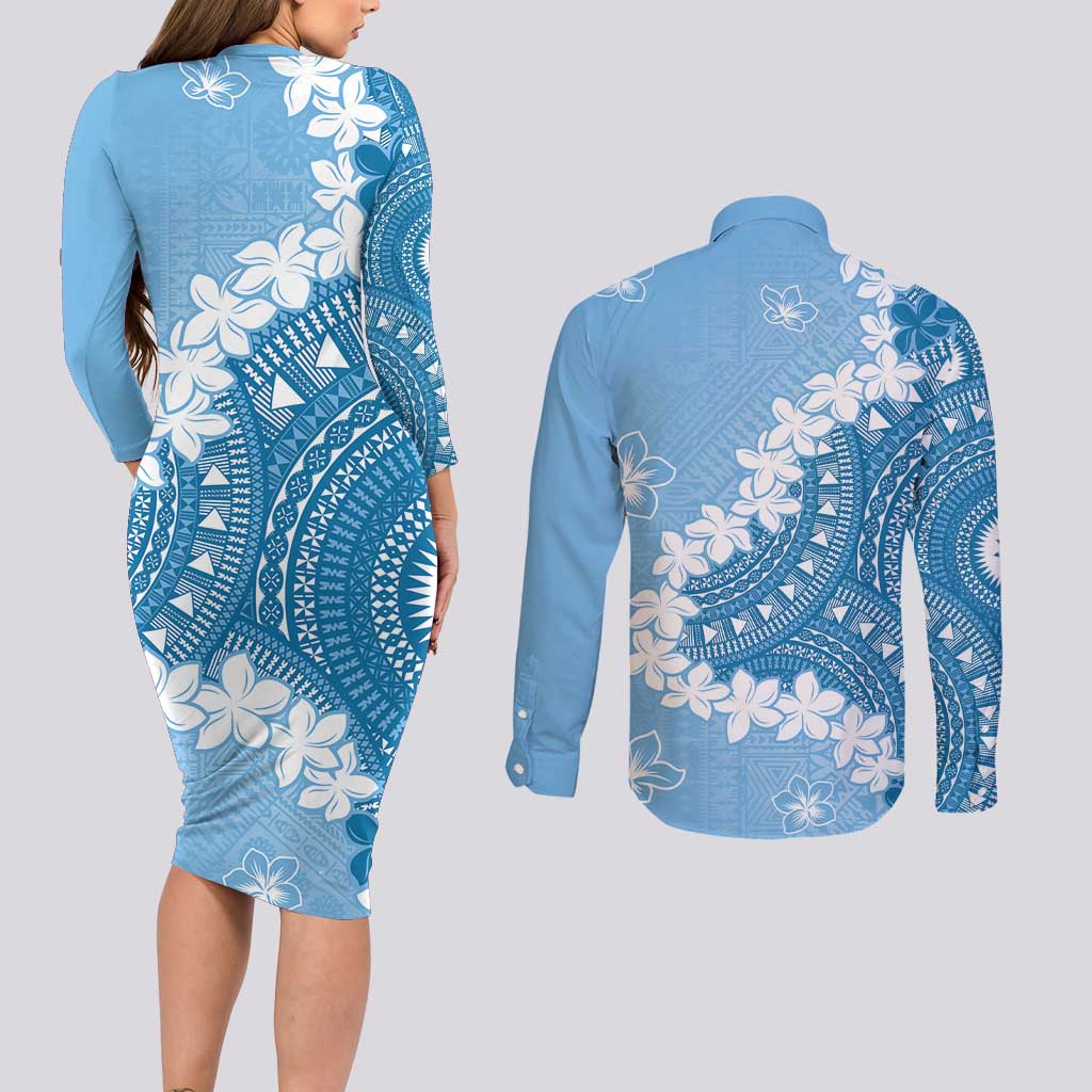Bula Fiji Women's Day Couples Matching Long Sleeve Bodycon Dress and Long Sleeve Button Shirt Turquoise Masi Tapa