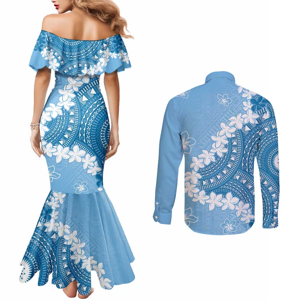 Bula Fiji Women's Day Couples Matching Mermaid Dress and Long Sleeve Button Shirt Turquoise Masi Tapa