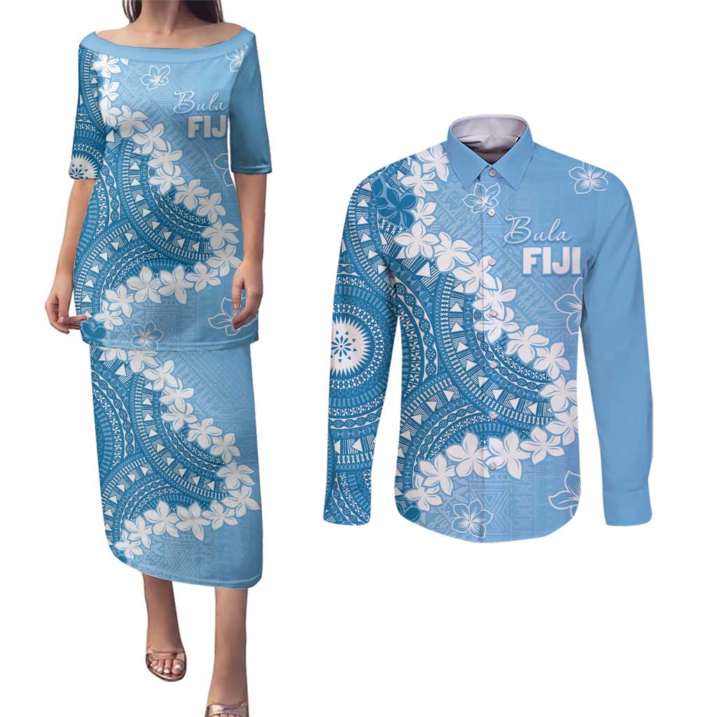 Bula Fiji Women's Day Couples Matching Puletasi and Long Sleeve Button Shirt Turquoise Masi Tapa