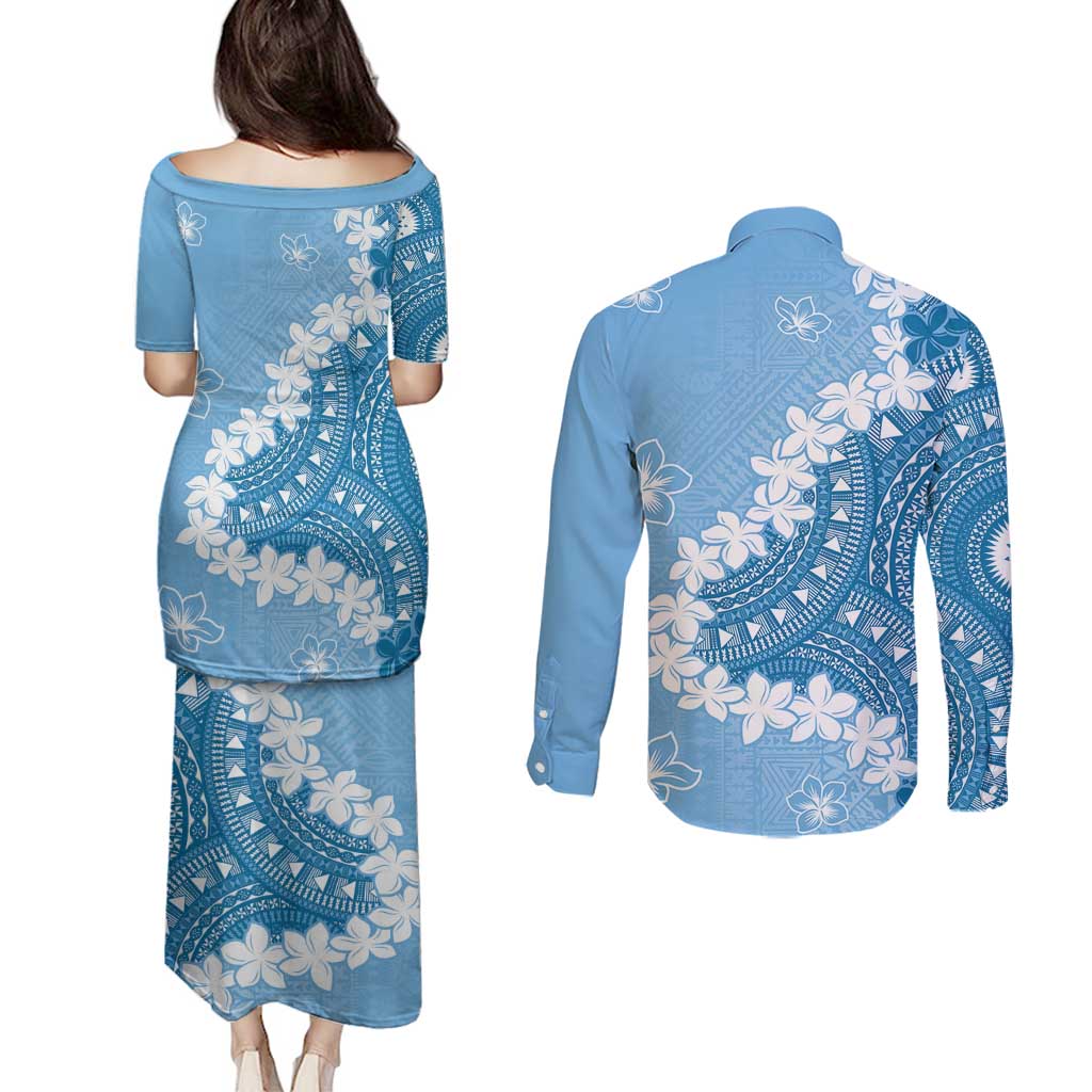 Bula Fiji Women's Day Couples Matching Puletasi and Long Sleeve Button Shirt Turquoise Masi Tapa