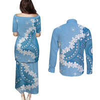 Bula Fiji Women's Day Couples Matching Puletasi and Long Sleeve Button Shirt Turquoise Masi Tapa