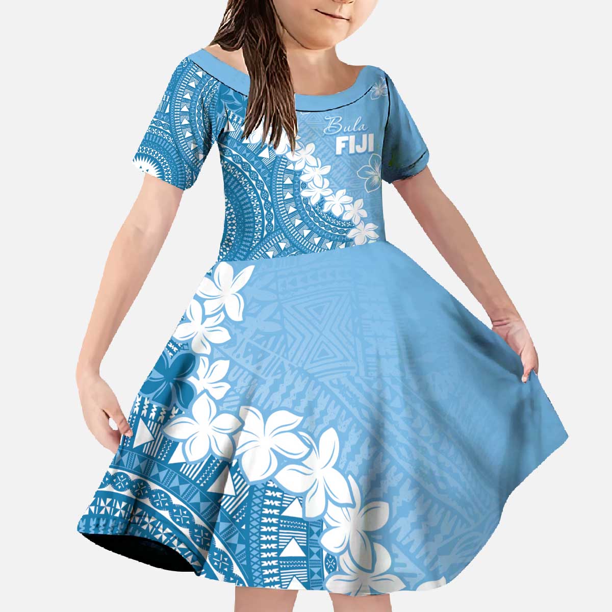 Bula Fiji Women's Day Family Matching Off The Shoulder Long Sleeve Dress and Hawaiian Shirt Turquoise Masi Tapa