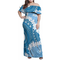 Bula Fiji Women's Day Family Matching Off Shoulder Maxi Dress and Hawaiian Shirt Turquoise Masi Tapa LT7 Mom's Dress Turquoise - Polynesian Pride