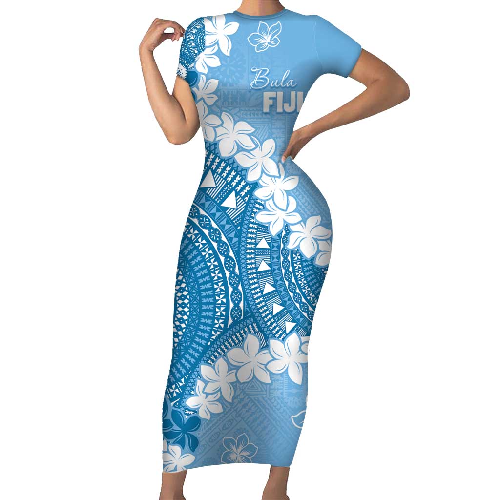 Bula Fiji Women's Day Family Matching Short Sleeve Bodycon Dress and Hawaiian Shirt Turquoise Masi Tapa LT7 Mom's Dress Turquoise - Polynesian Pride