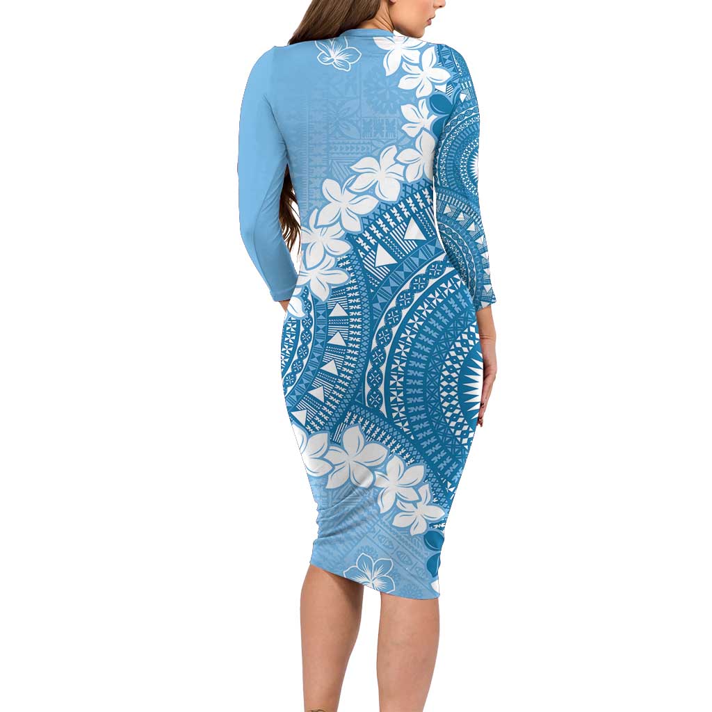 Bula Fiji Women's Day Long Sleeve Bodycon Dress Turquoise Masi Tapa