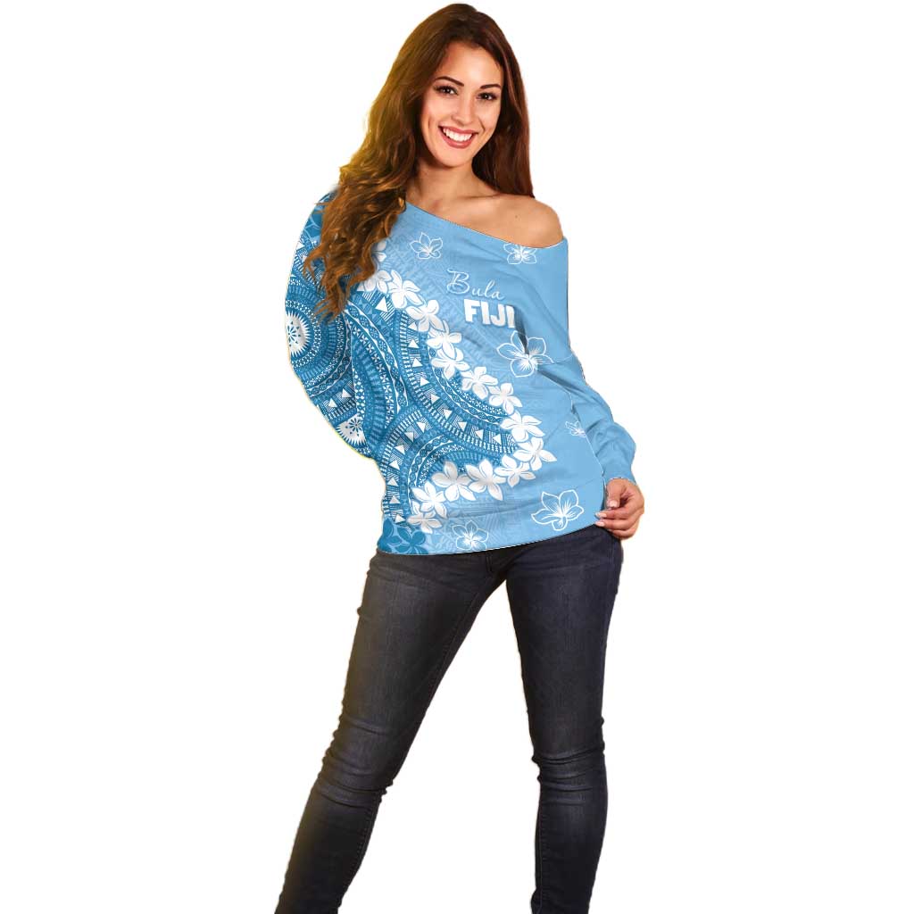 Bula Fiji Women's Day Off Shoulder Sweater Turquoise Masi Tapa