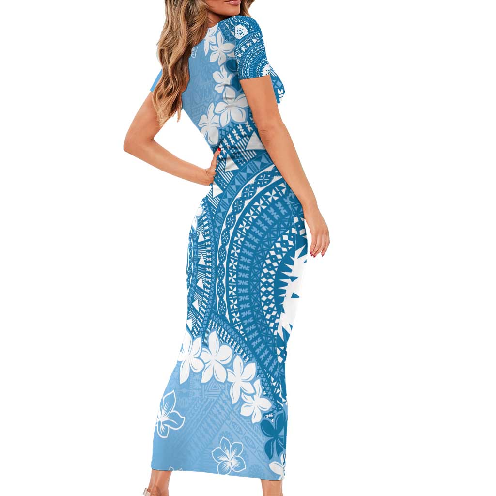 Bula Fiji Women's Day Short Sleeve Bodycon Dress Turquoise Masi Tapa
