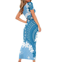 Bula Fiji Women's Day Short Sleeve Bodycon Dress Turquoise Masi Tapa