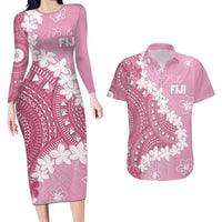 Bula Fiji Women's Day Couples Matching Long Sleeve Bodycon Dress and Hawaiian Shirt Pink Masi Tapa