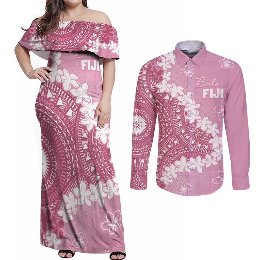Bula Fiji Women's Day Couples Matching Off Shoulder Maxi Dress and Long Sleeve Button Shirt Pink Masi Tapa