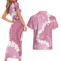 Bula Fiji Women's Day Couples Matching Short Sleeve Bodycon Dress and Hawaiian Shirt Pink Masi Tapa