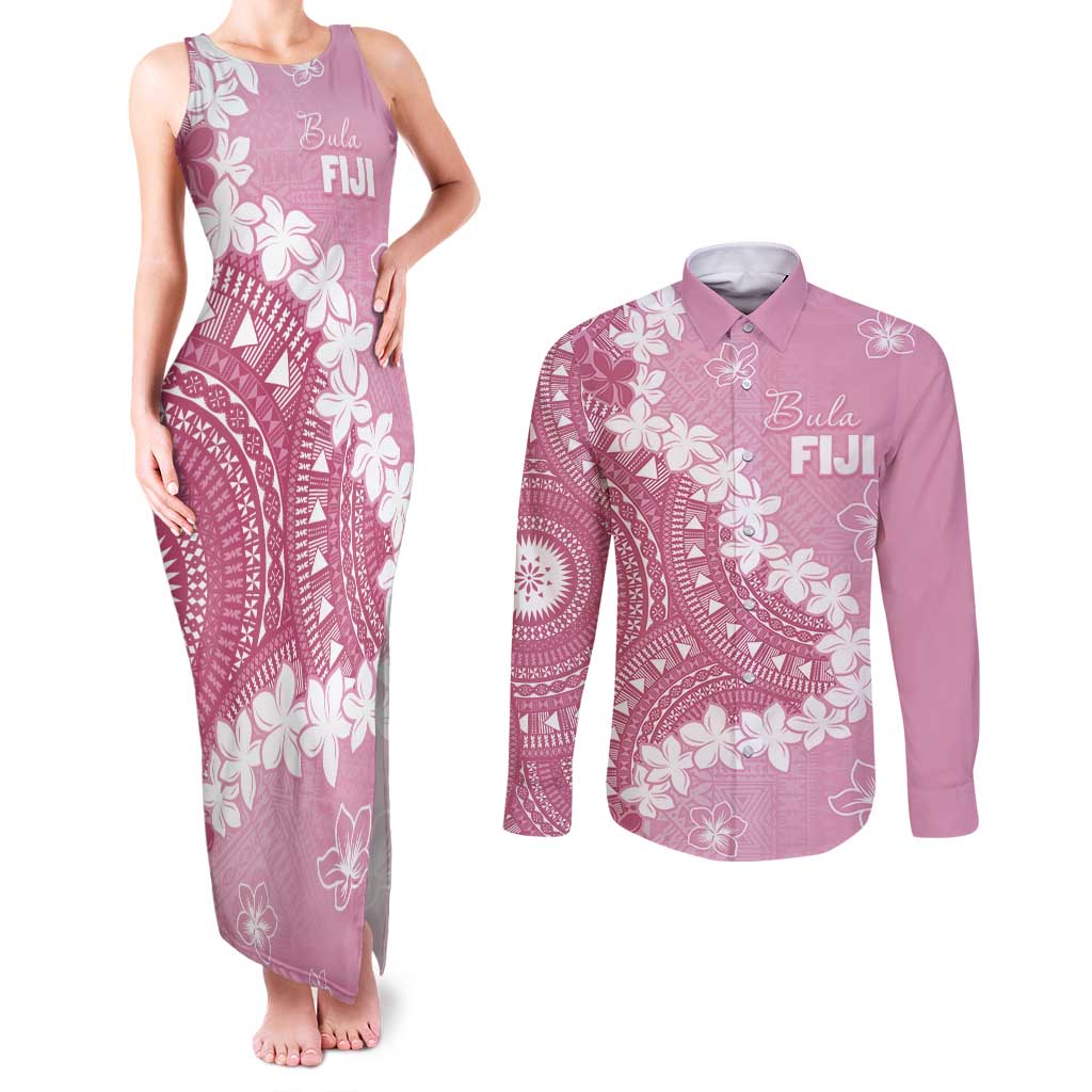 Bula Fiji Women's Day Couples Matching Tank Maxi Dress and Long Sleeve Button Shirt Pink Masi Tapa