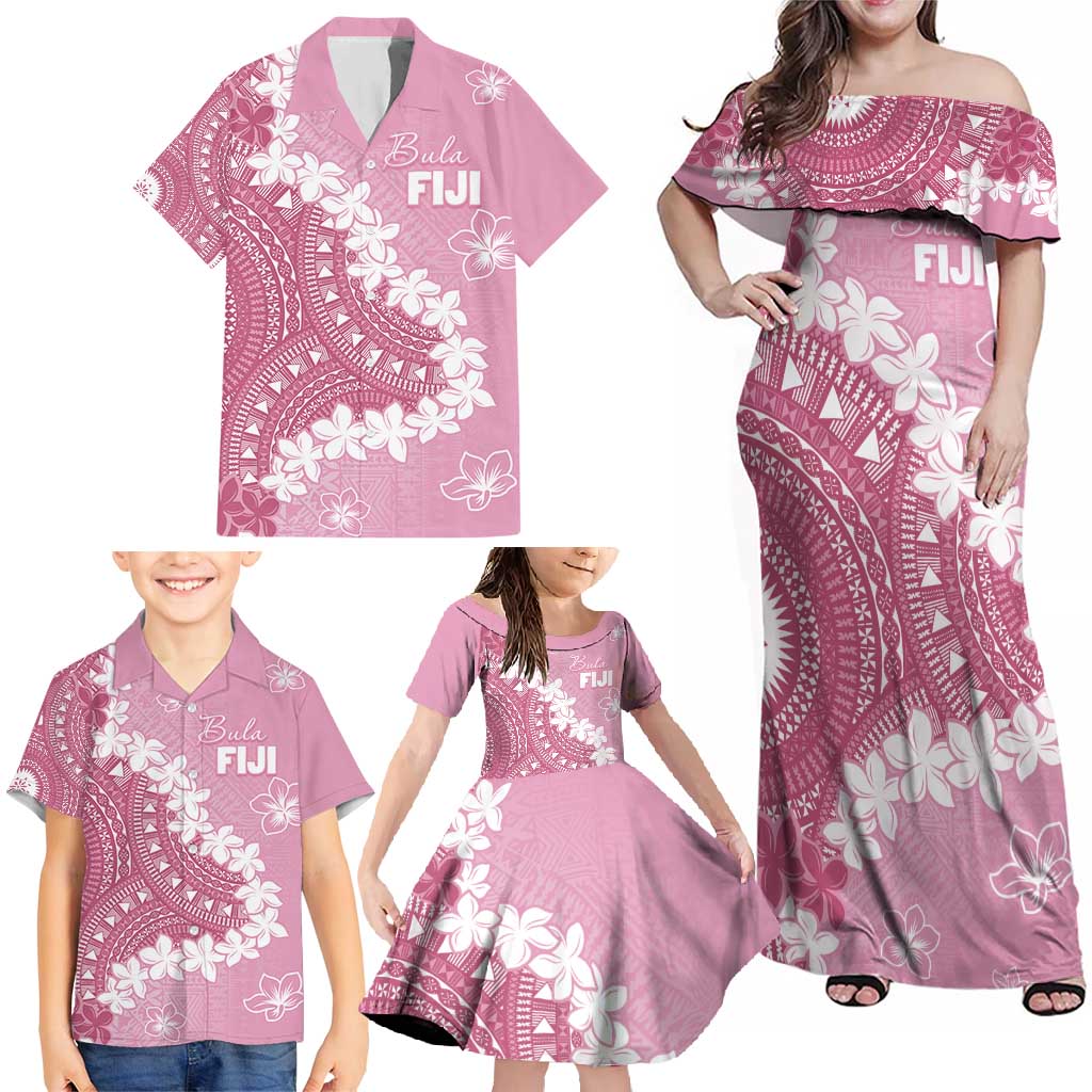 Bula Fiji Women's Day Family Matching Off Shoulder Maxi Dress and Hawaiian Shirt Pink Masi Tapa LT7 - Polynesian Pride