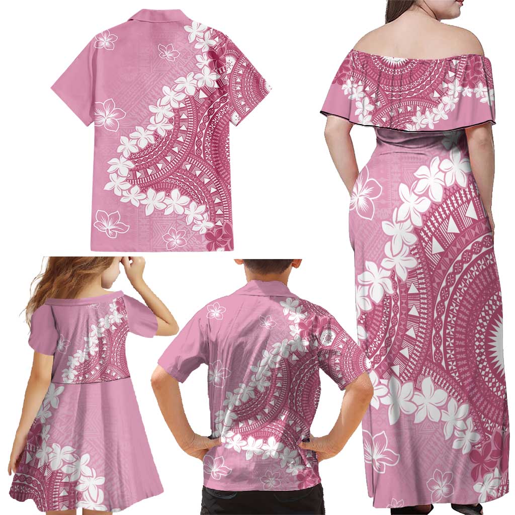 Bula Fiji Women's Day Family Matching Off Shoulder Maxi Dress and Hawaiian Shirt Pink Masi Tapa LT7 - Polynesian Pride