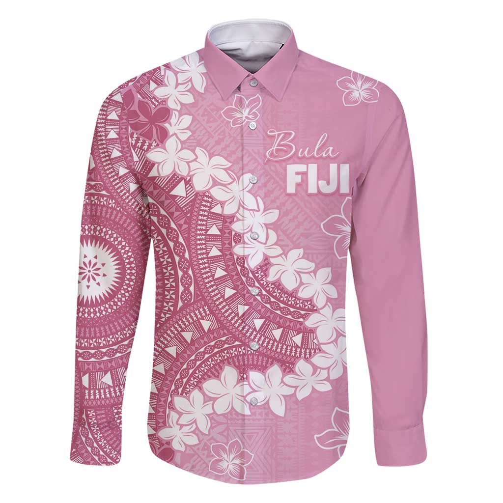 Bula Fiji Women's Day Family Matching Off Shoulder Maxi Dress and Hawaiian Shirt Pink Masi Tapa LT7 Dad's Shirt - Long Sleeve Pink - Polynesian Pride