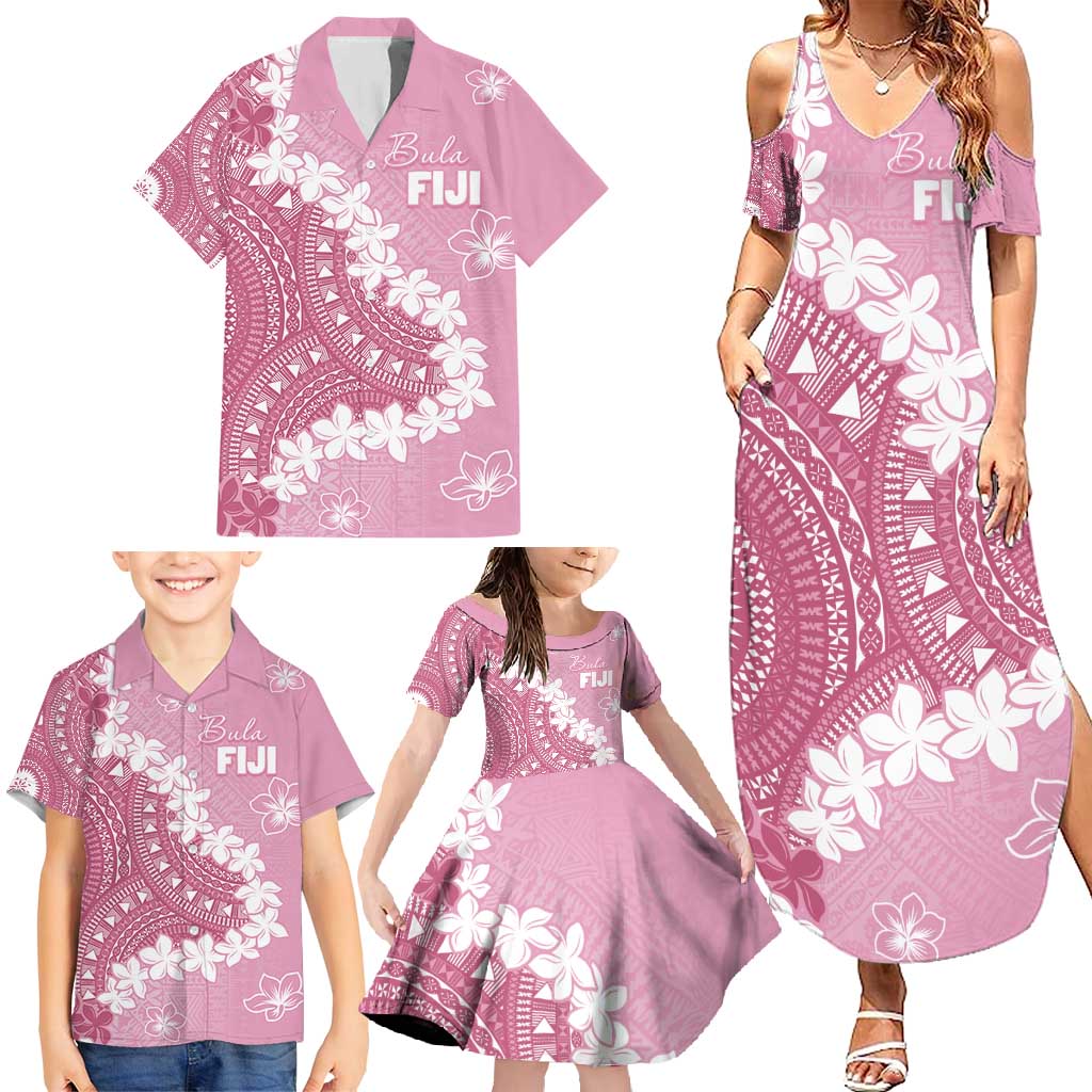Bula Fiji Women's Day Family Matching Summer Maxi Dress and Hawaiian Shirt Pink Masi Tapa