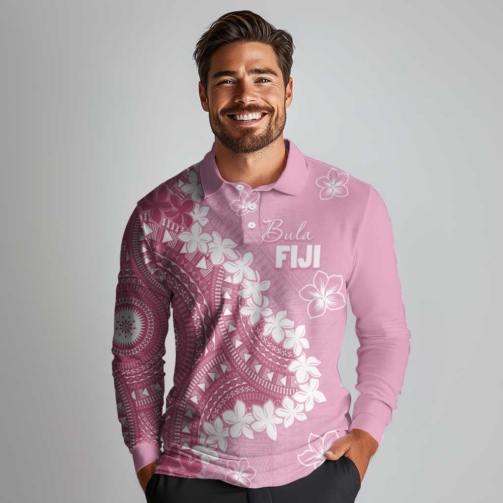 Bula Fiji Women's Day Long Sleeve Polo Shirt Pink Masi Tapa
