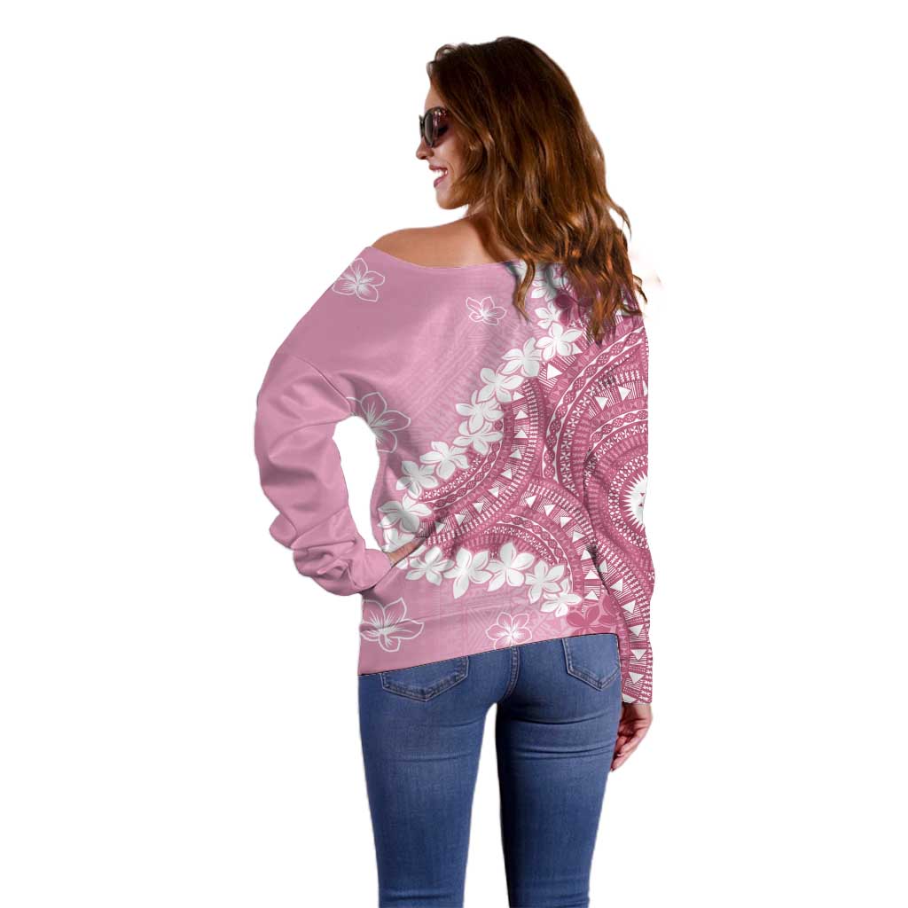 Bula Fiji Women's Day Off Shoulder Sweater Pink Masi Tapa