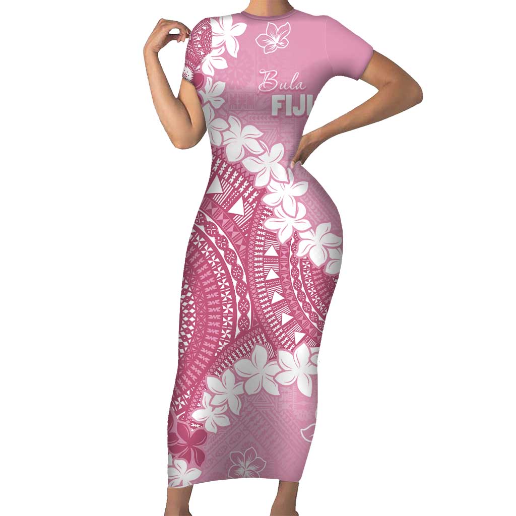Bula Fiji Women's Day Short Sleeve Bodycon Dress Pink Masi Tapa