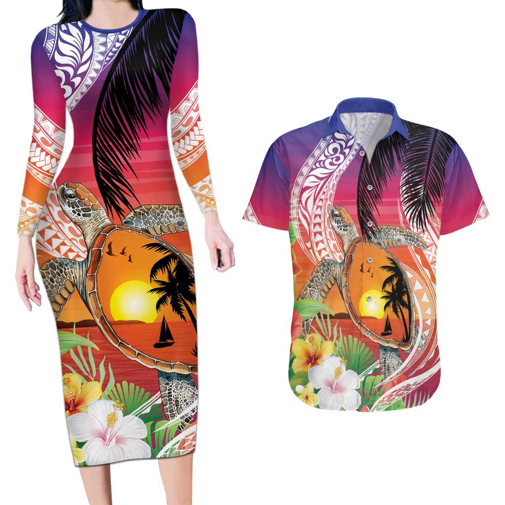 Polynesian Dreamy Turtle Couples Matching Long Sleeve Bodycon Dress and Hawaiian Shirt Sunset Scenery LT7 Art - Polynesian Pride