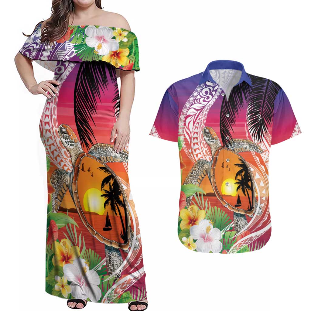 Polynesian Dreamy Turtle Couples Matching Off Shoulder Maxi Dress and Hawaiian Shirt Sunset Scenery LT7 Art - Polynesian Pride