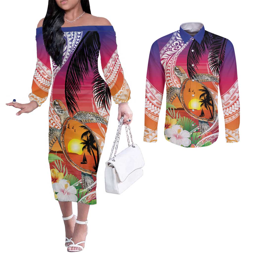 Polynesian Dreamy Turtle Couples Matching Off The Shoulder Long Sleeve Dress and Long Sleeve Button Shirt Sunset Scenery