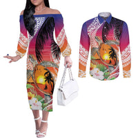 Polynesian Dreamy Turtle Couples Matching Off The Shoulder Long Sleeve Dress and Long Sleeve Button Shirt Sunset Scenery
