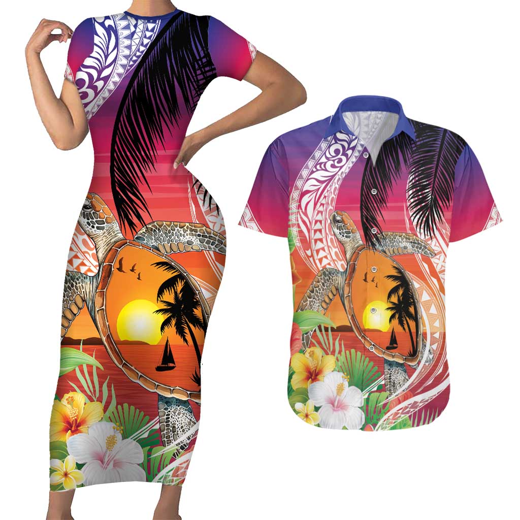 Polynesian Dreamy Turtle Couples Matching Short Sleeve Bodycon Dress and Hawaiian Shirt Sunset Scenery LT7 Art - Polynesian Pride