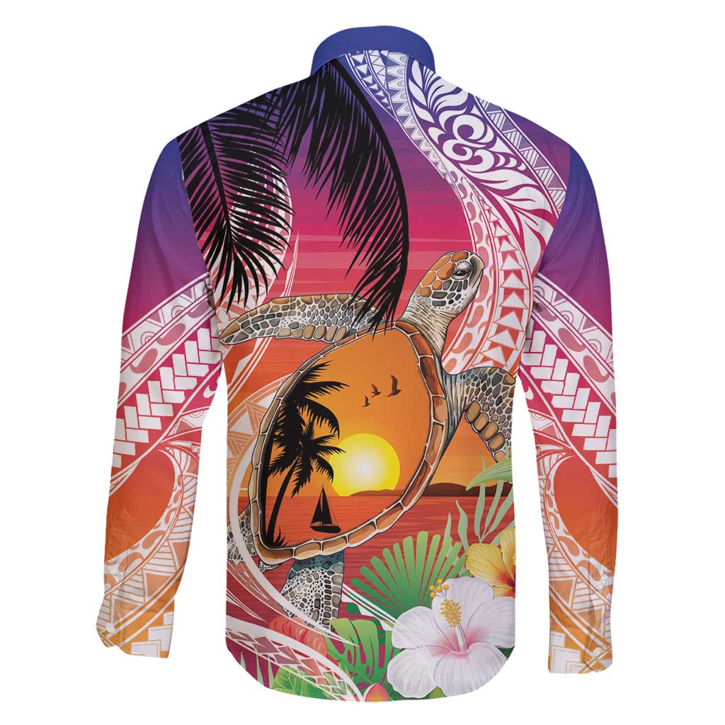 Polynesian Dreamy Turtle Family Matching Long Sleeve Bodycon Dress and Hawaiian Shirt Sunset Scenery
