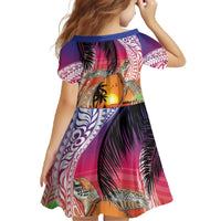 Polynesian Dreamy Turtle Family Matching Off The Shoulder Long Sleeve Dress and Hawaiian Shirt Sunset Scenery