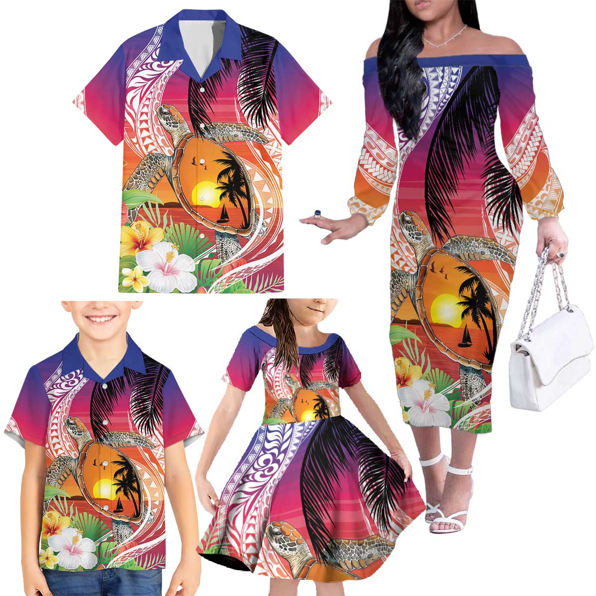 Polynesian Dreamy Turtle Family Matching Off The Shoulder Long Sleeve Dress and Hawaiian Shirt Sunset Scenery LT7 - Polynesian Pride