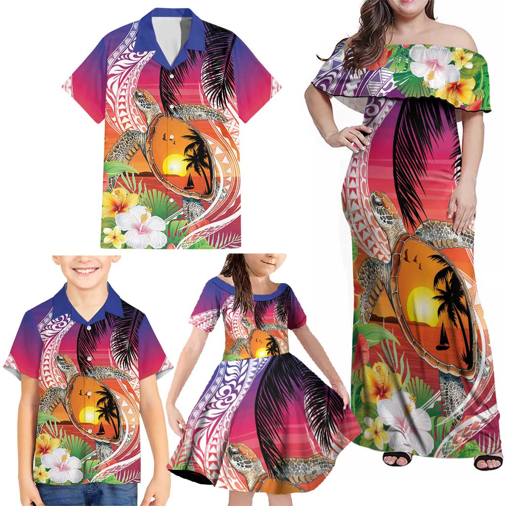 Polynesian Dreamy Turtle Family Matching Off Shoulder Maxi Dress and Hawaiian Shirt Sunset Scenery LT7 - Polynesian Pride