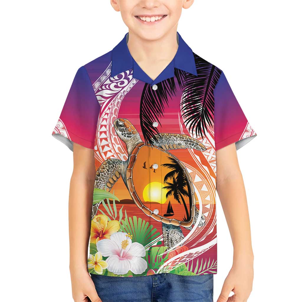 Polynesian Dreamy Turtle Family Matching Off Shoulder Short Dress and Hawaiian Shirt Sunset Scenery