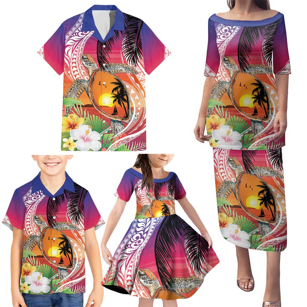Polynesian Dreamy Turtle Family Matching Puletasi and Hawaiian Shirt Sunset Scenery LT7 - Polynesian Pride