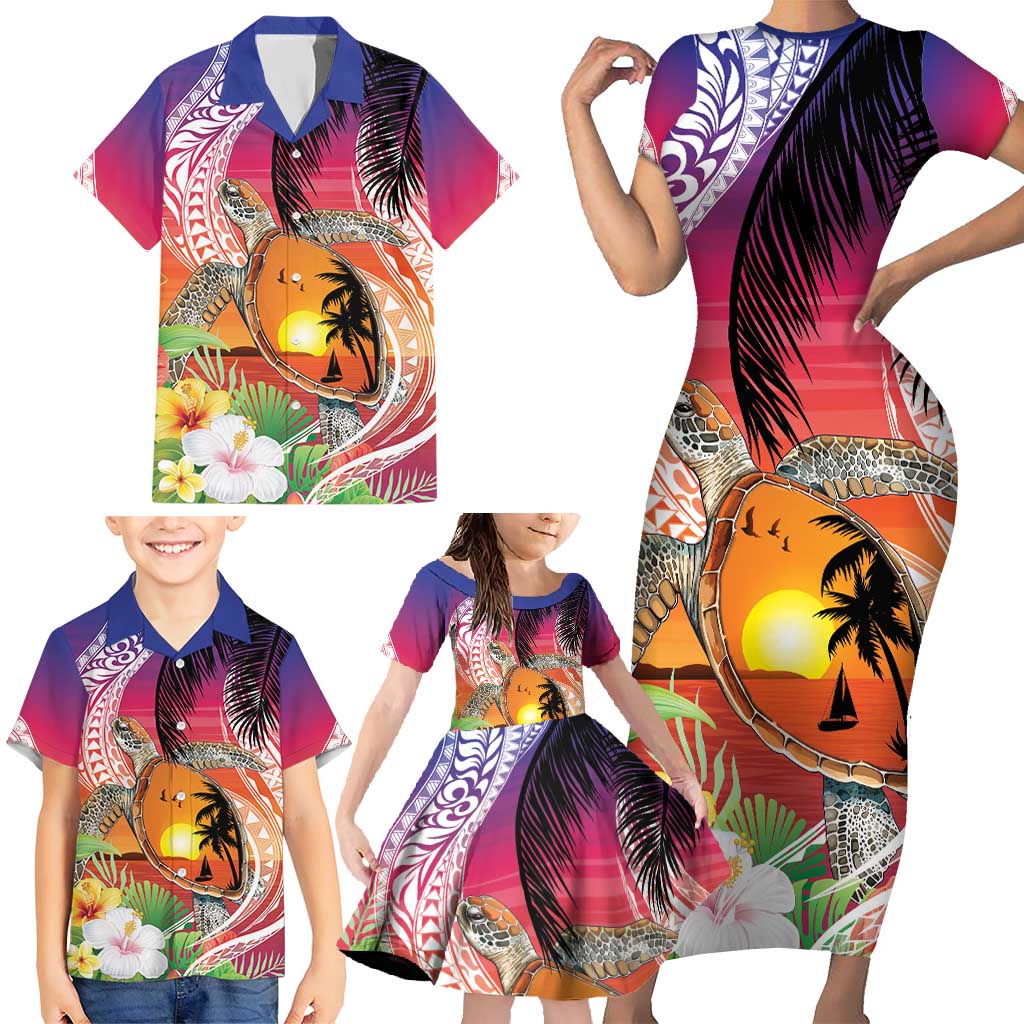 Polynesian Dreamy Turtle Family Matching Short Sleeve Bodycon Dress and Hawaiian Shirt Sunset Scenery LT7 - Polynesian Pride